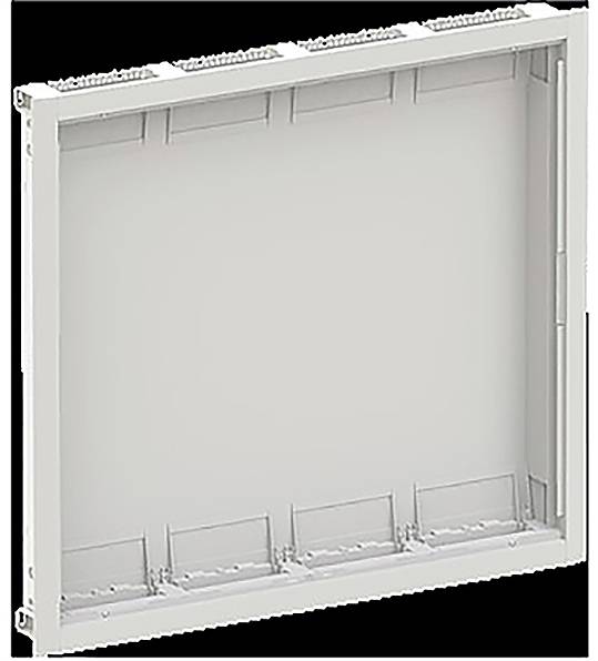 Ein weißer Kunststoffrahmen mit Wänden und Befestigungsschlitzen, typischerweise als Montageklammer oder Gehäuse für Elektronik oder ähnliche Installationen verwendet.