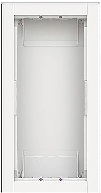 Ein weißer vertikaler Lüftungskanal oder -schacht mit rechteckiger Form, umgeben von einem Rahmen. An den Ecken sind kleine Verriegelungen sichtbar.