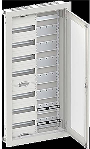 Ein offenes Stromverteilerpanel mit mehreren leeren Plätzen für Leitungsschutzschalter, vor einem einfachen Hintergrund.