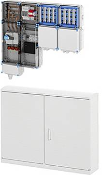 Ein blauer Feueralarmmelder mit schwarzen Pfeilen, die nach innen auf einen schwarzen Punkt auf weißem Hintergrund zeigen und angeben, wo man drücken soll.