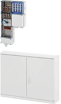 Elektrischer Verteilerkasten mit sichtbaren Verdrahtungskomponenten und einem geschlossenen Frontpaneel-Schrank darunter, der organisierte Kabelführung zeigt.