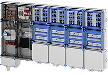 Ein industrielles Elektrosteuerungsfeld mit mehreren Schutzschaltern, Drähten und Verbindungen, das ein modulares Design mit blauen Akzenten aufweist.