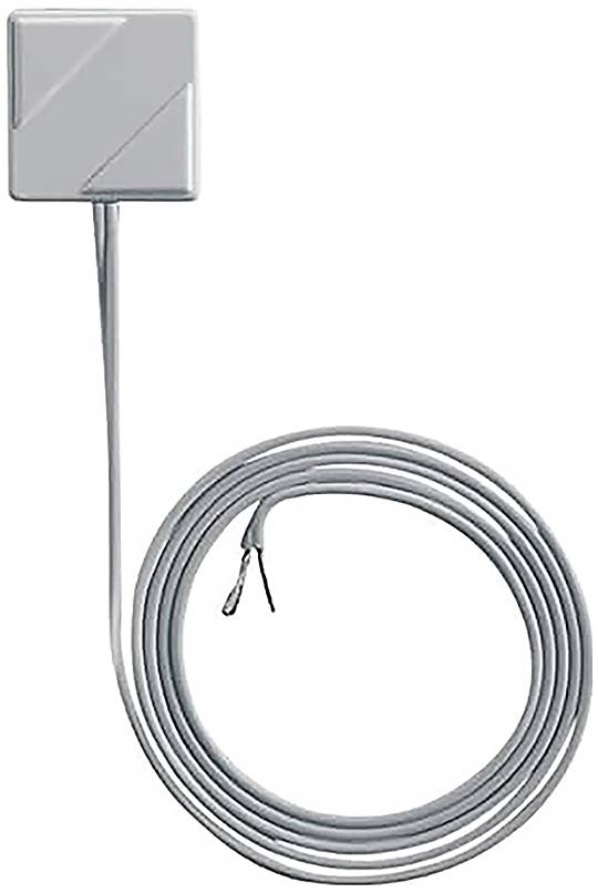 Ein weißer drahtgebundener Sensor mit rechteckigem Kopf und langem Spiralkabel, wahrscheinlich zur Überwachung oder Messzwecken verwendet.