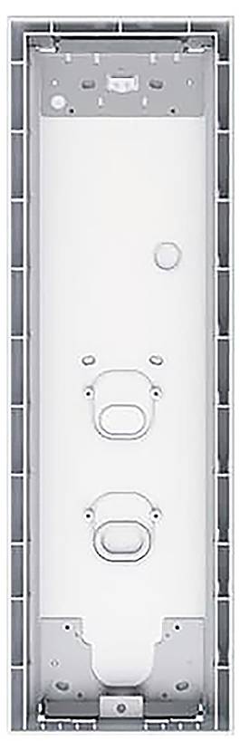 Rechteckige Metallkomponente mit verschiedenen kreisförmigen und rechteckigen Öffnungen. Wahrscheinlich Teil eines industriellen oder mechanischen Systems.