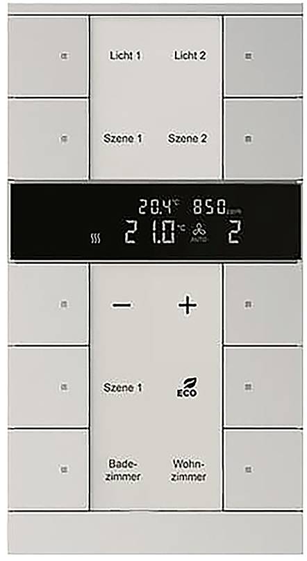 Ein intelligentes Thermostat-Bedienfeld zeigt die Raumtemperatur '20,4°C', Lüftungseinstellungen '850' und Temperatureinstellung '21,0°C' an. Es gibt Schaltflächen für Lichter, Szenen und Räume.