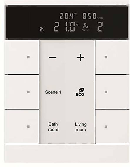 Ein digitales Thermostat-Panel zeigt eine Temperatur von 21,0°C an und verfügt über Steuerelemente zum Anpassen von Einstellungen. Der Bildschirm zeigt den Modus „Szene 1