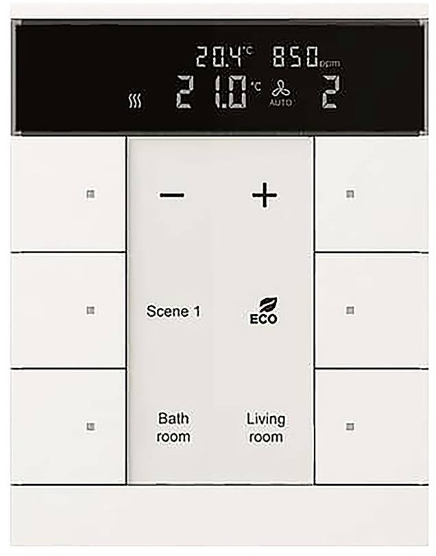 Ein Bedienfeld mit der Raumtemperatur '21.0°C' und der Luftqualität '850 ppm'. Tasten für 'Szene 1', 'Eco', 'Badezimmer', 'Wohnzimmer'.