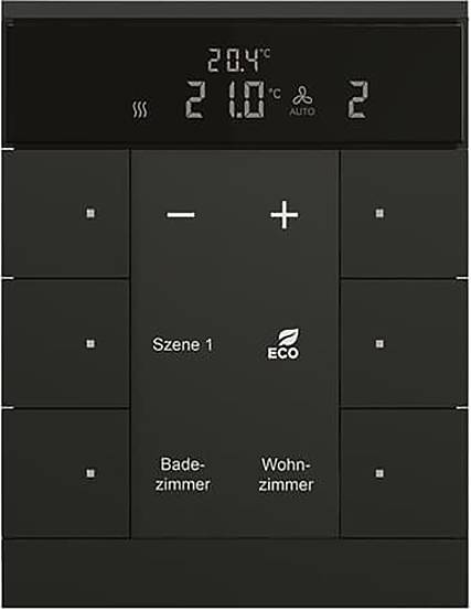 Thermostat-Display zeigt '20,4°C', eingestellt auf '21,0°C', Modus 'Auto', mit sechs Tasten einschließlich Plus, Minus und 'Eco'.