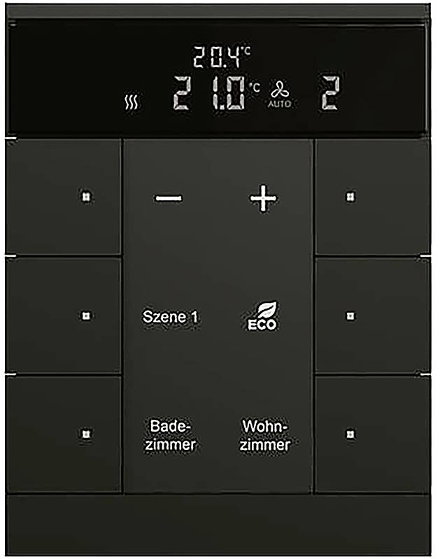 Ein schwarzes Thermostat-Bedienfeld zeigt eine Temperatur von 20,4°C an und ist auf 21°C eingestellt. Die Schaltflächen umfassen Plus, Minus, „Szene 1
