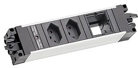 Stromverteiler mit zwei europäischen Steckdosen und Platz für ein zusätzliches Modul, eingebaut in einen rechteckigen Rahmen.