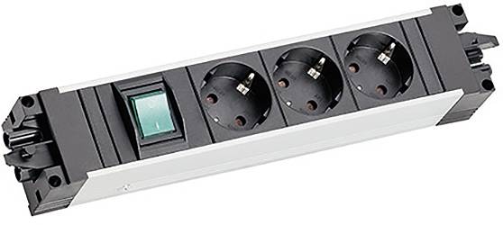 Eine Steckdosenleiste verfügt über drei europäische runde Steckdosen und einen grünen Netzschalter.