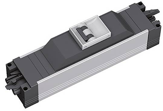 Rechteckiger elektrischer Schutzschalter mit grauem und schwarzem Gehäuse, ausgestattet mit einem zentralen weißen Schalter zur Stromkontrolle.