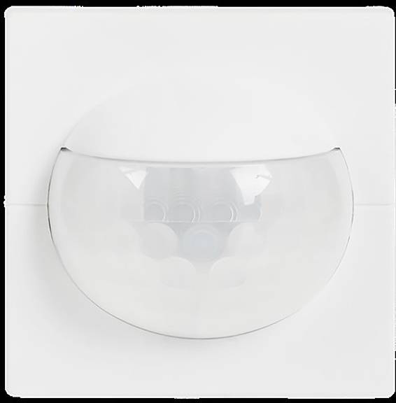 Ein weißer Bewegungsmelder mit einer abgerundeten, transluzenten Frontplatte, wahrscheinlich zur Erkennung von Bewegungen in einem Zimmer oder Korridor verwendet.