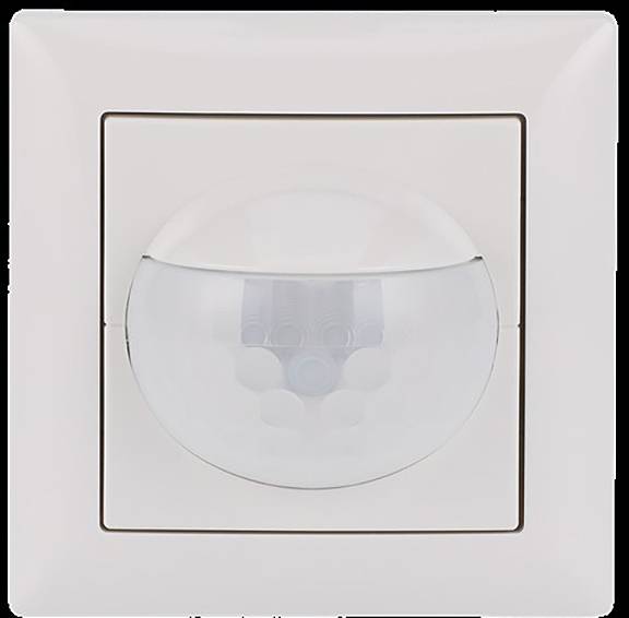 Ein weißer Bewegungsmelder-Schalter mit quadratischem Rahmen, mit einem abgerundeten Erfassungsbereich in der Mitte, konzipiert für die Wandmontage.