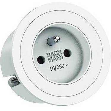 Eine weiße, runde elektrische Steckdose mit der Beschriftung „BACH MANN 16/250