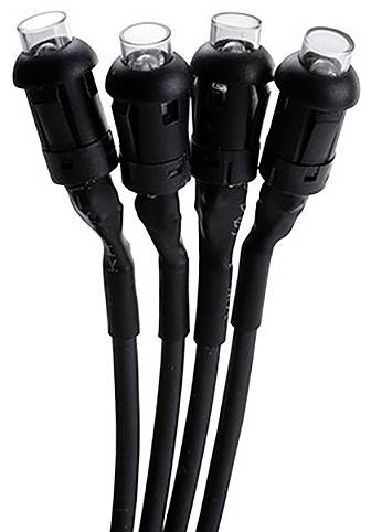 Vier schwarze Kabelverbinder mit transparenten Oberseiten sind zusammen gebündelt und zeigen ihre runden Enden und ihr elegantes Design.