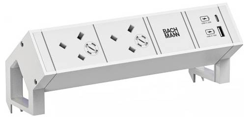 »BACHMANN« Desktop-Strommodul mit zwei Steckdosen und zwei USB-Anschlüssen, konzipiert für einfachen Zugang zum Laden auf einem Schreibtisch.