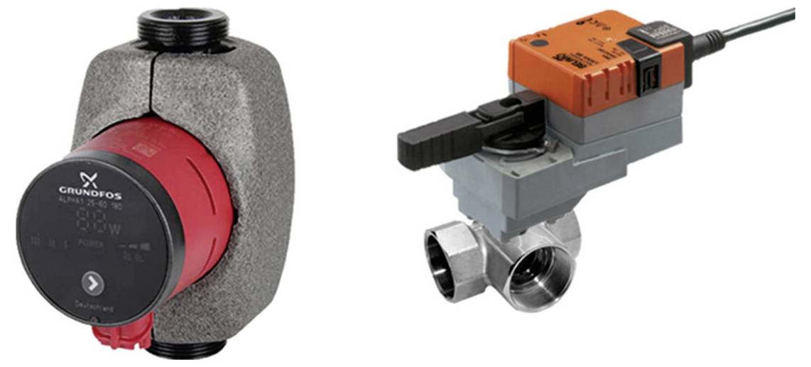 Abgebildet sind zwei Sanitärbauteile: eine rote Grundfos-Pumpe auf der linken Seite und ein orangefarbiges Belimo-Ventil mit einem motorisierten Stellantrieb auf der rechten Seite.