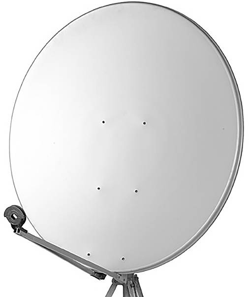 Ein großer weißer Satellit geschüssel auf einem Metallständer montiert, nach vorne ausgerichtet. Sie wird zum Empfangen von Kommunikationssignalen verwendet.