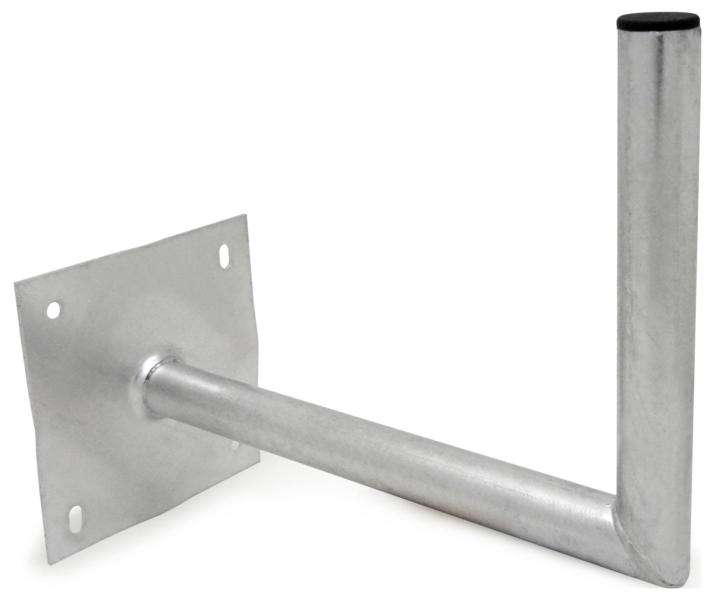 An der Wand befestigte Stahlhalterung mit flacher Basis und zylindrischem Arm, entwickelt zur Unterstützung von Antennen oder ähnlicher Ausrüstung.