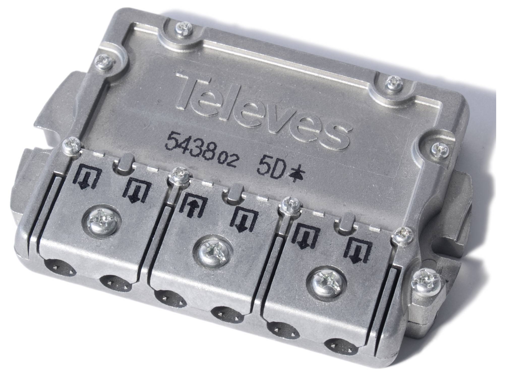Metallisches Signalverteiler der Marke 'Televes' mit mehreren Ein-/Ausgängen. Modellnummer: 543802, 5D. Wird für TV-/Kabelverteilung verwendet.