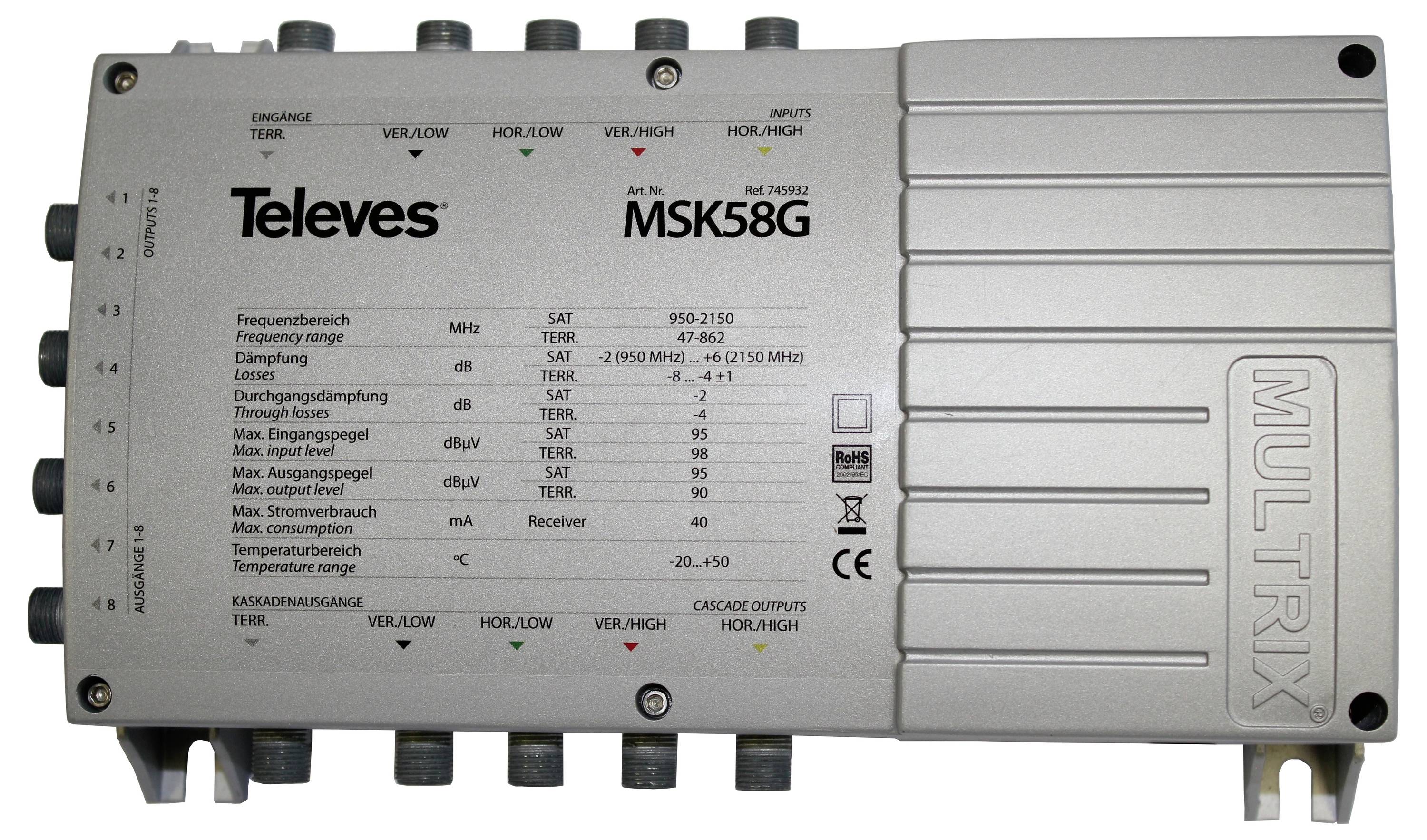 Televes MSK58G Multischalter, Modell 715202, verarbeitet 4 Satelliteneingänge, mit Funktionen einschließlich Frequenzbereich, Verlustdetails und Priorität.