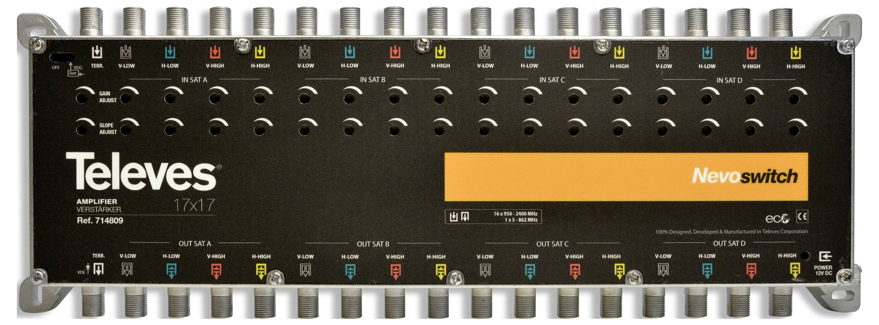 Televes NevoSwitch Multi-Switch-Modell 714805 mit 17 Eingängen und 17 Ausgängen zur Verwaltung von Satellit- und Bodenfunksignalen.