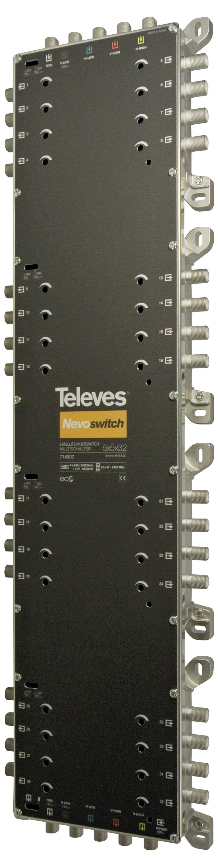 Ein vertikaler Multiswitch von Televes mit mehreren Anschlüssen für die Verteilung von Satellit- und TV-Signalen.