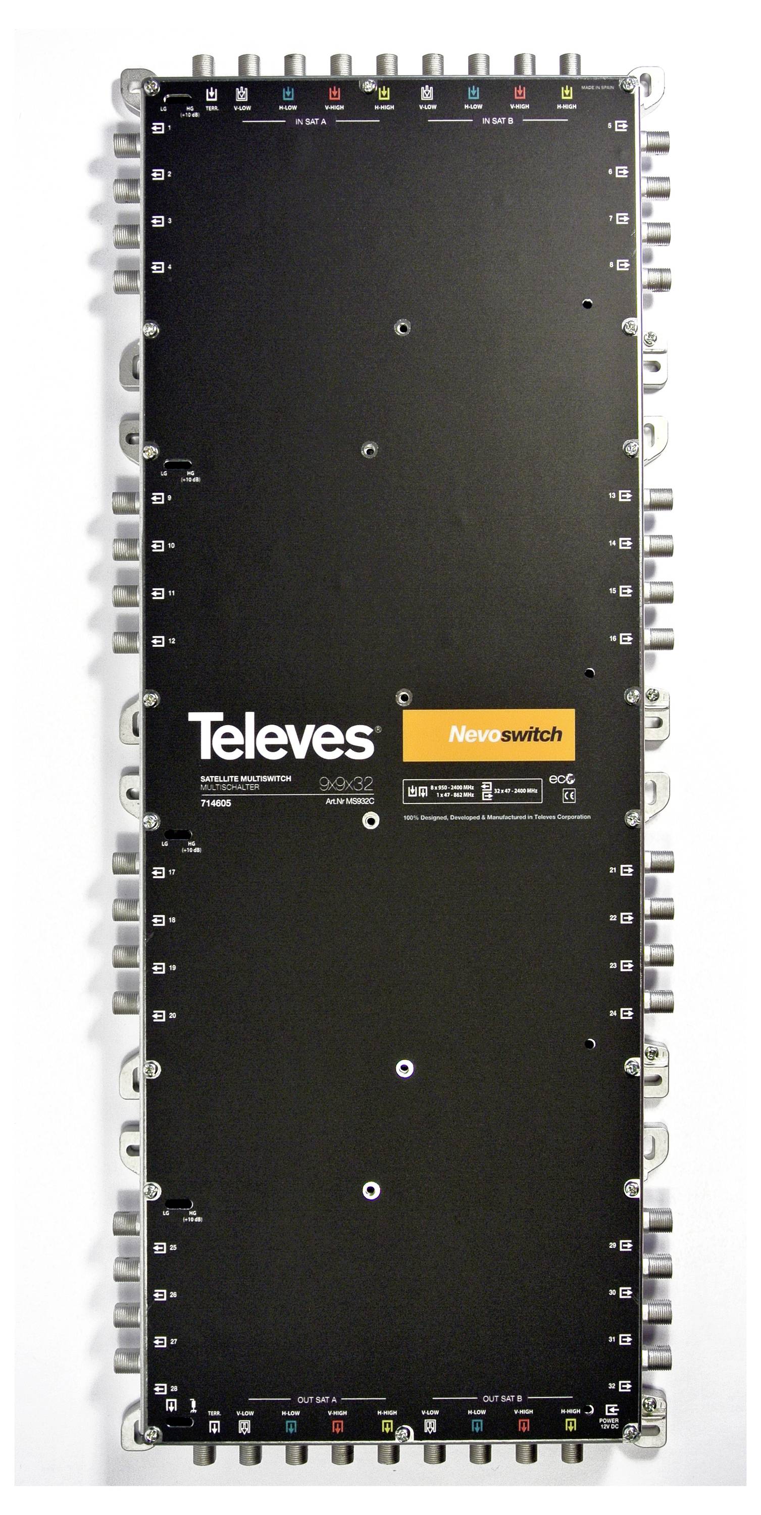 Ein großer NevoSwitch-Multiswitch von Televes mit mehreren Ein- und Ausgängen, der zur Verteilung von Satellit- und TV-Signalen verwendet wird.