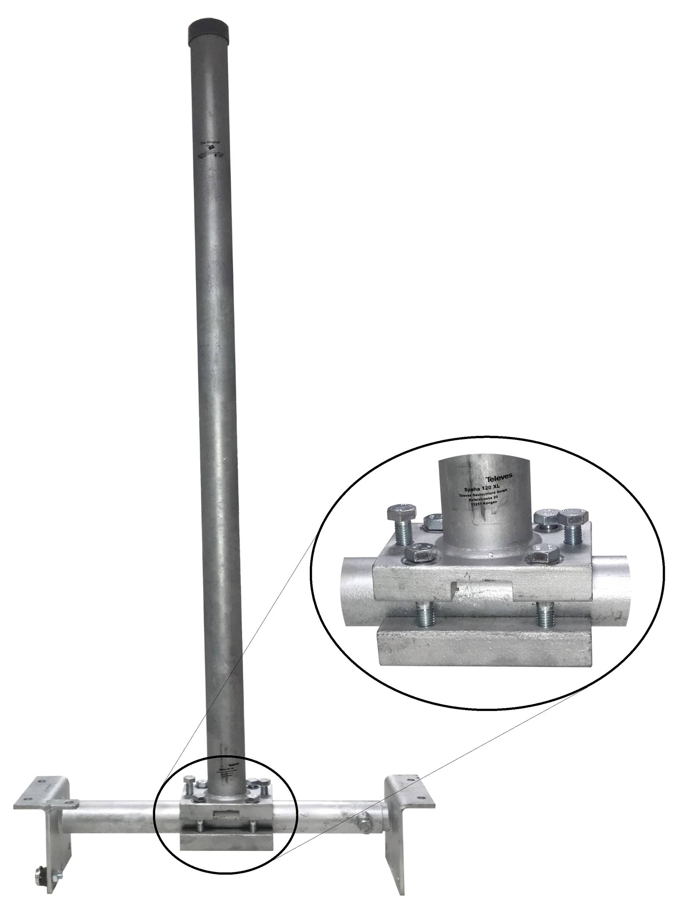 Antennenwandhalterung mit vertikalem Mast. Die Vergrößerung zeigt Details des Halterungsdesigns.