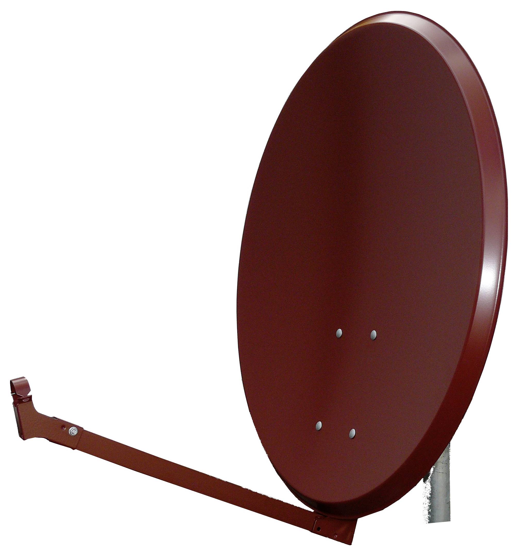 Eine rote Satellitenschüssel auf einem Mast montiert, nach oben geneigt, wahrscheinlich zum Empfang von Fernseh- oder Internetsignalen.