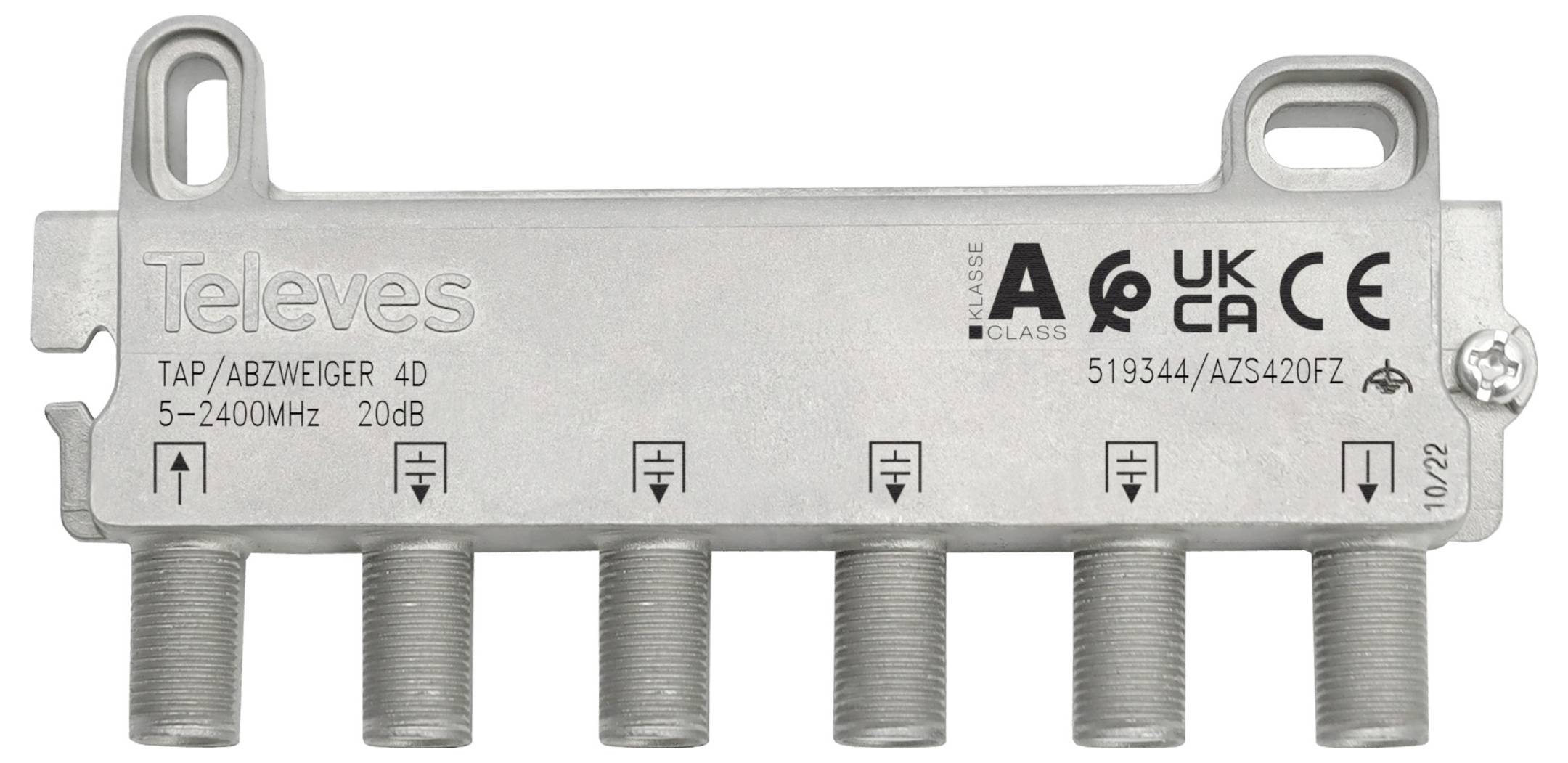 Ein 5-facher TV-Signalverteiler von Televes, gekennzeichnet als TAP/ABZWEIGER 4D, 5-2400MHz 20dB. Enthält Konformitätslogos und die Modellnummer 519344/AS240FZ.