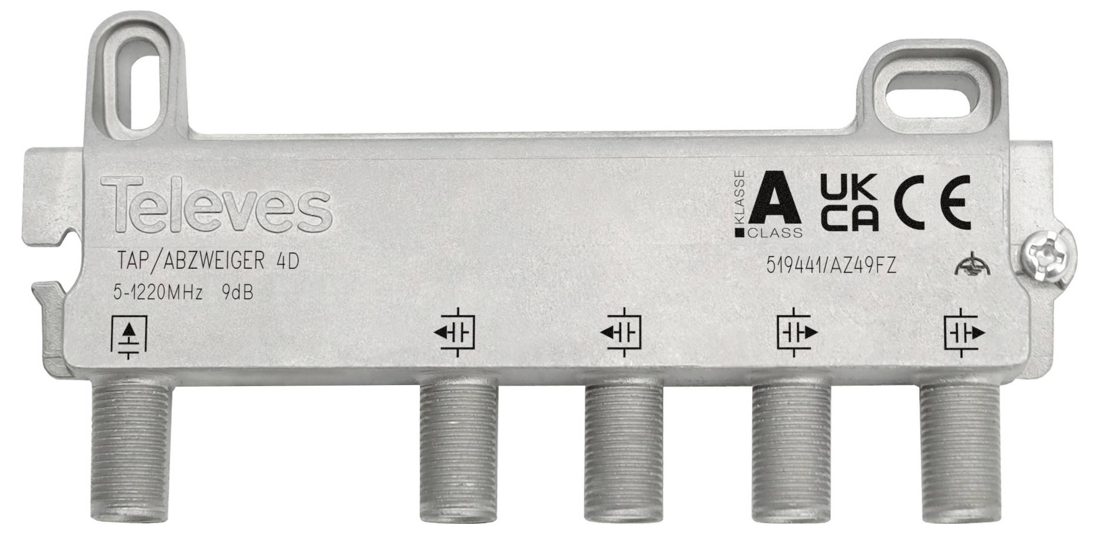 'Televes TAP/ABZWEIGER 4D' Splitter mit vier koaxialen Ausgängen, Frequenzbereich 5-1220MHz, 9dB Dämpfung, UKCA- und CE-Markierungen.