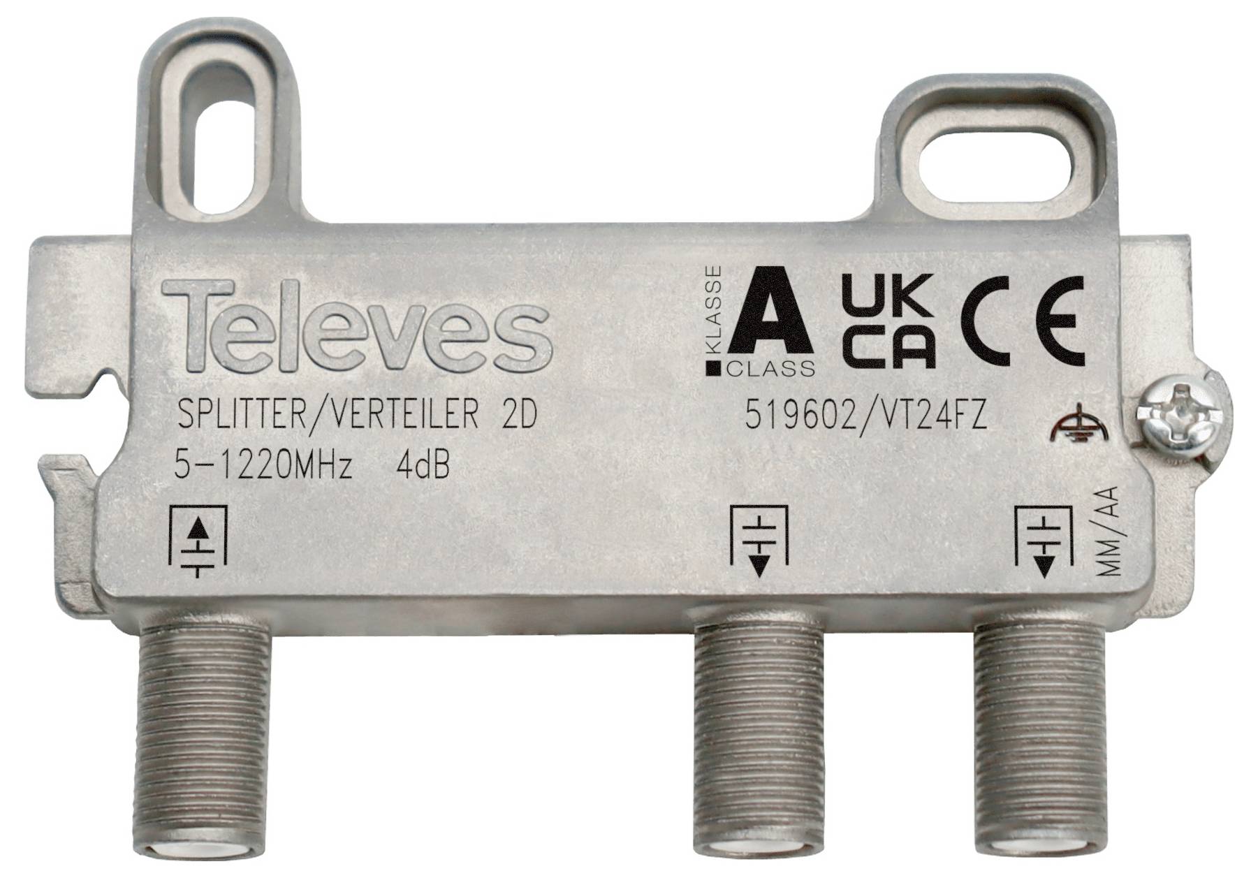 'Televes Splitter/Verteiler 2D 5-1220MHz 4dB' mit drei Koaxialkabelanschlüssen und Zertifizierungsmarkierungen.