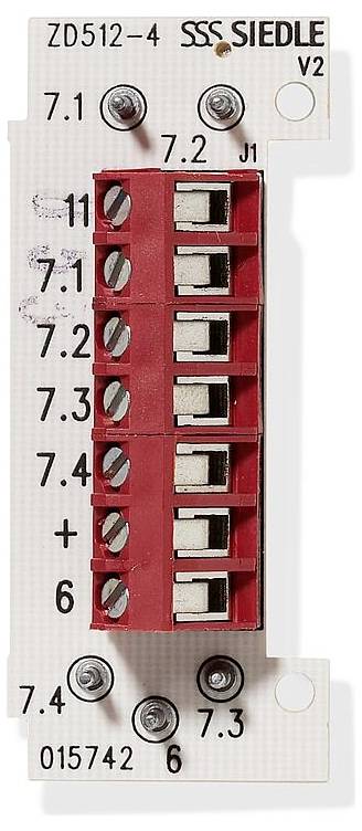 Elektrische Leiterplatte mit SSS Siedle Etikett, rote Anschlussleiste und numerische Markierungen. Schließt Schrauben zur Befestigung ein.