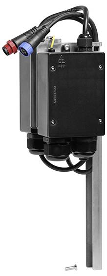 Ein schwarzes, rechteckiges elektronisches Gerät mit abgerundeten Kanten, aus leicht erhobener Perspektive betrachtet, mit einem zentralen Anschluss und seitlichen Schlitzen.