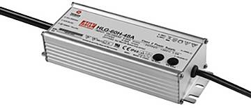 Ein metallischer LED-Treiber mit mehreren Zertifizierungsstempeln und der Bezeichnung „HLG-60H-48A