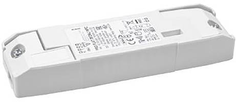 Ein rechteckiger LED-Treiber mit weißem Gehäuse, auf dessen Oberfläche verschiedene technische Symbole und Sicherheitszertifizierungen angezeigt werden.