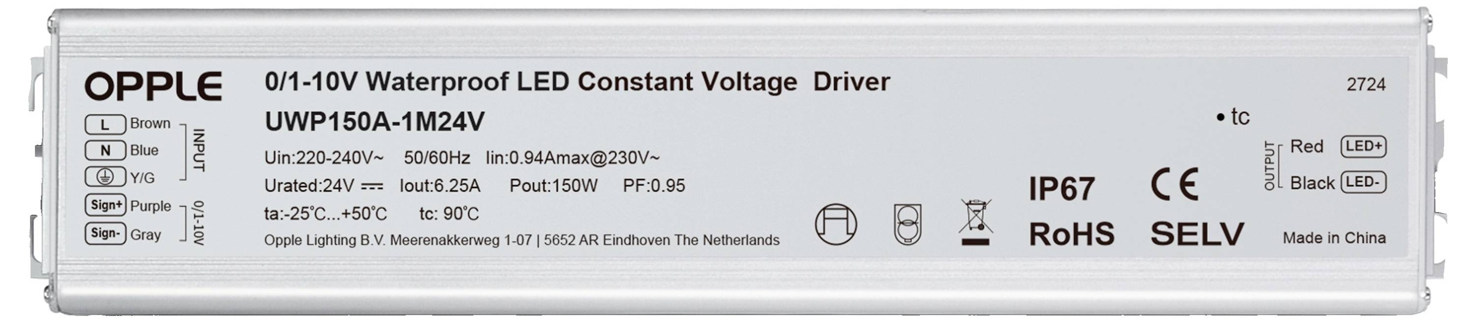 OPPLE 01-10V Wasserdichter LED-Konstantspannungstreiber, Modell UWP150A-1M24V. Eingang: 230-250V, 50/60Hz; Ausgang: 24V, 150W. IP67.