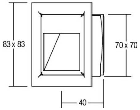 Technisches Diagramm eines Wandschalters mit Vorder- und Seitenabmessungen: 83 x 83 mm Vorderseite, 70 x 70 mm innere Größe, 40 mm Tiefe.