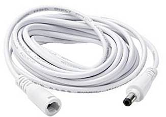 Ein aufgewickeltes weißes Gleichstrom-Stromkabel mit Stecker und Buchse an beiden Enden, das zur Stromversorgung elektronischer Geräte verwendet wird.