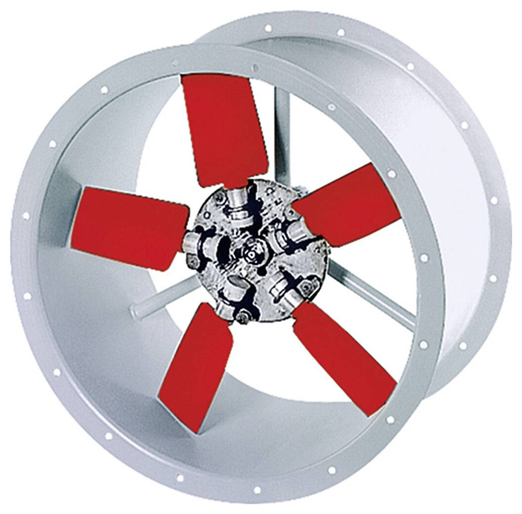 Ein großer Industrielüfter mit roten Blättern, der sich in einem kreisförmigen Metallrahmen befindet und für Lüftungs- oder Kühlungsanwendungen konzipiert ist.