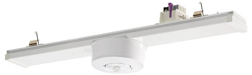 Ein rechteckiges LED-Leuchtengehäuse mit einem Bewegungsmelder, der in der Mitte angebracht ist und sich für Büro- oder Gewerbeflächen eignet.