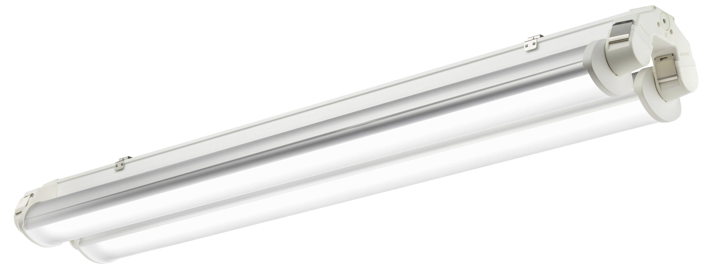 Eine silberne, lineare LED-Leuchte, an der Decke montiert, für die Innenraumbeleuchtung konzipiert mit energieeffizienter, moderner Optik.