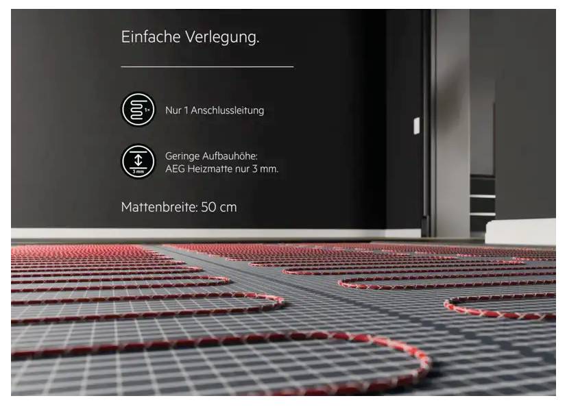 Fußbodenheizung mit rotem Heizkabel auf schwarzer Matte, Text erklärt einfache Verlegung: 'Nur 1 Anschlussleitung', Aufbauhöhe 3 mm, Mattenbreite 50 cm.
