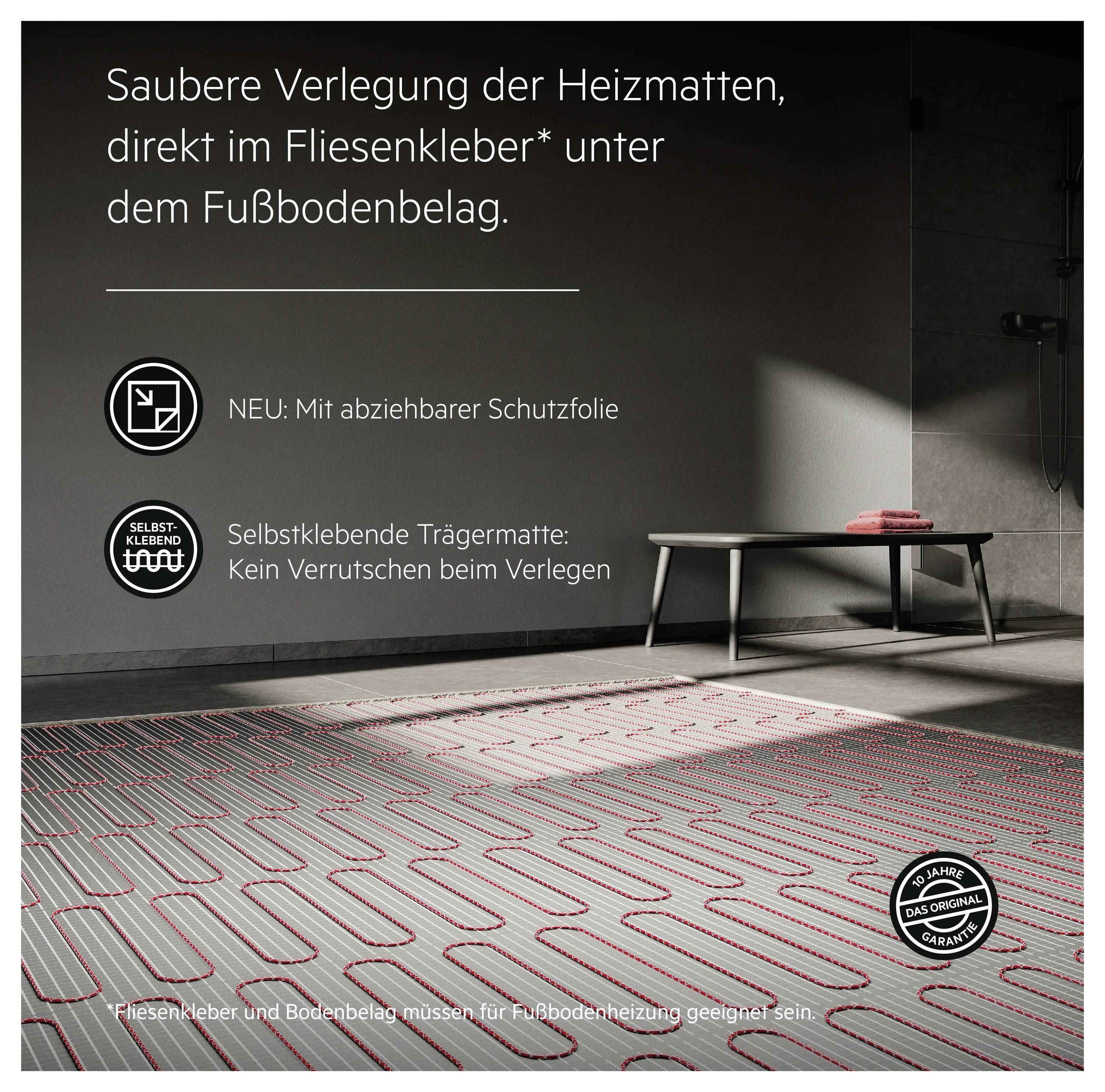 Saubere Verlegung der Heizmatten unter Fußbodenbelag. Mit abziehbarer Schutzfolie. Selbstklebende Trägermatte verhindert Verrutschen.