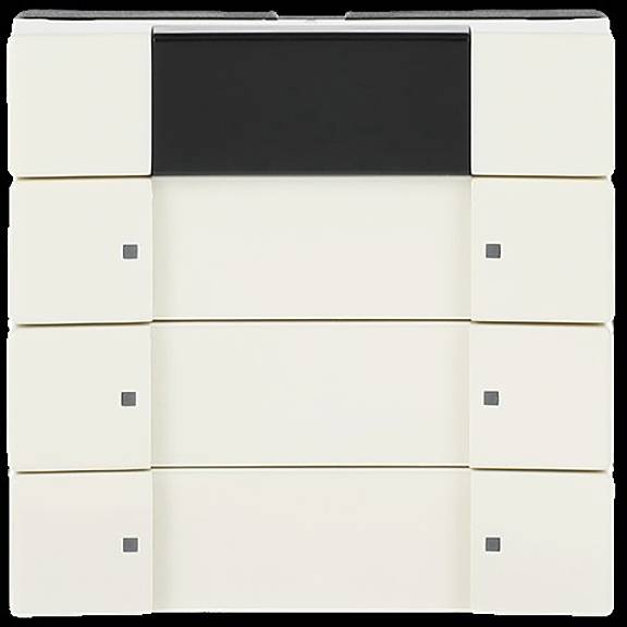 Eine sechsschubladige beige Kommode mit minimalistischem Design, mit kleinen quadratischen Griffen und einer kontrastierenden schwarzen oberen mittleren Schublade.