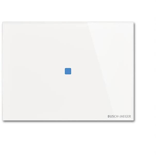 Ein weißes Busch-Jaeger Flachpaneel mit einem kleinen zentralen blauen Quadrat, das minimalistische Designelemente widerspiegelt.