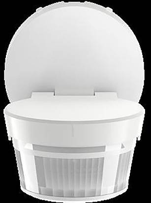 Ein Bewegungsmelder mit weißer, kuppelförmiger Abdeckung nach oben ausgerichtet, verwendet für Sicherheitssysteme oder automatisierte Beleuchtungssysteme.