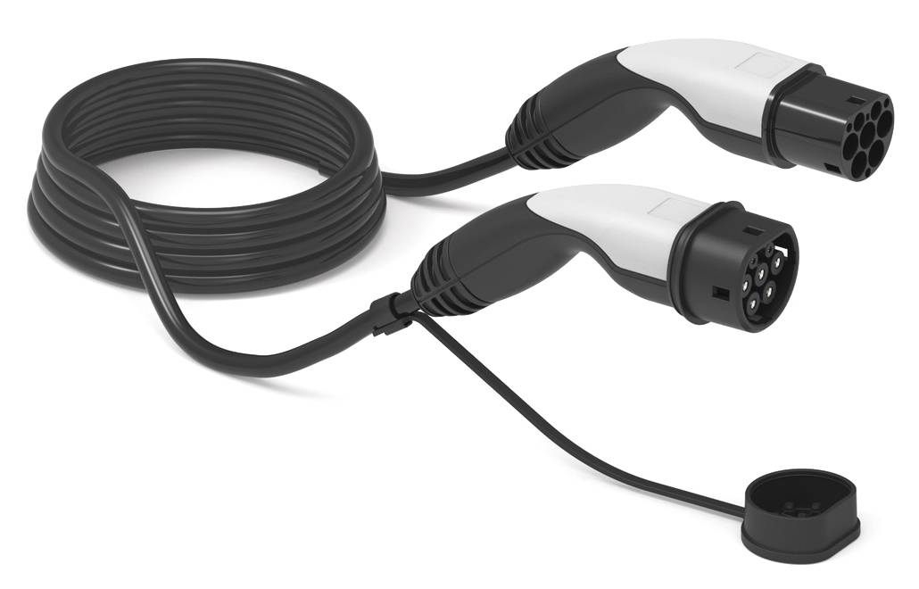 Elektrofahrzeug-Ladekabel mit Doppelsteckern, aufgerolltes schwarzes Kabel und Schutzkappe an einem Stecker.